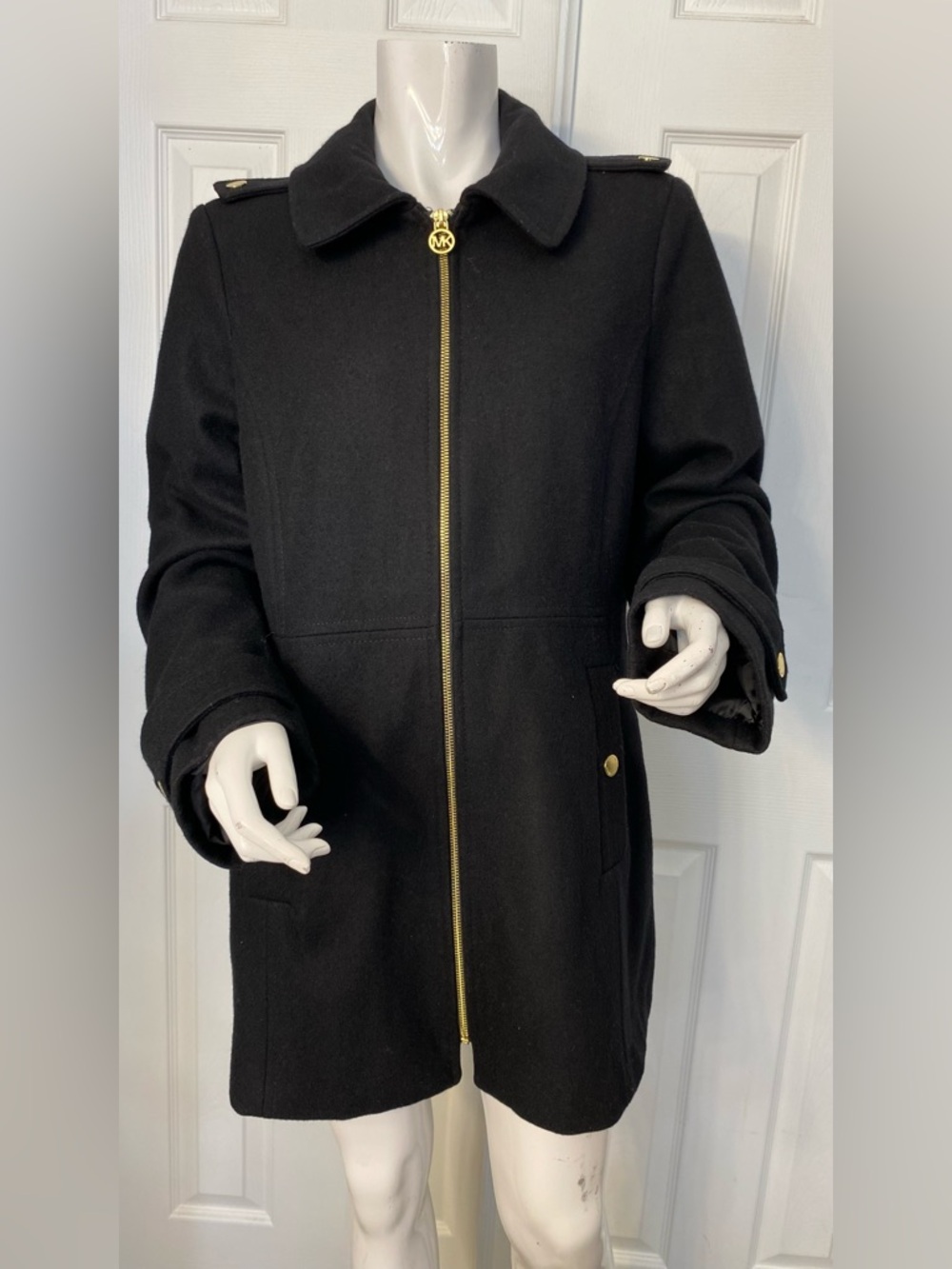 Michael Kors Black Wool-Blend Pea Coat with Gold-Tone Hardware
